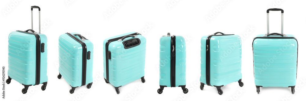 Set of turquoise suitcase on white background, view from different sides Set of turquoise suitcase on white background, view from different sides