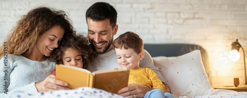 Adoptive parents reading bedtime stories to their diverse children, creating a warm and loving atmosphere photo