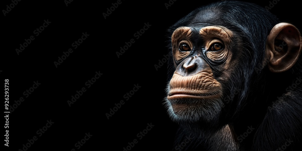 Photo of a chimpanzee isolated against a black background, emphasising the chimpanzee's majestic features. Wildlife and conservation concept, space for copy. Photo of a chimpanzee isolated against a black background, emphasising the chimpanzee's majestic features. Wildlife and conservation concept, space for copy.
