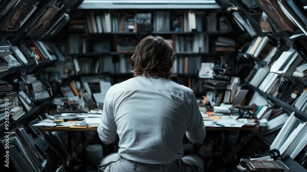 This image shows the back view of a person working in a small, tight, book-filled room, symbolizing intense focus and dedication within a confined but highly intellectual space. This image shows the back view of a person working in a small, tight, book-filled room, symbolizing intense focus and dedication within a confined but highly intellectual space.