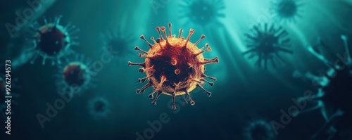 Coronavirus or Flu or monkeypox virus - Microbiology And Virology Concept highly detailed virus, floating in space, sharp spikes, vibrant red and orange hues, contrasting teal background, microscopic 