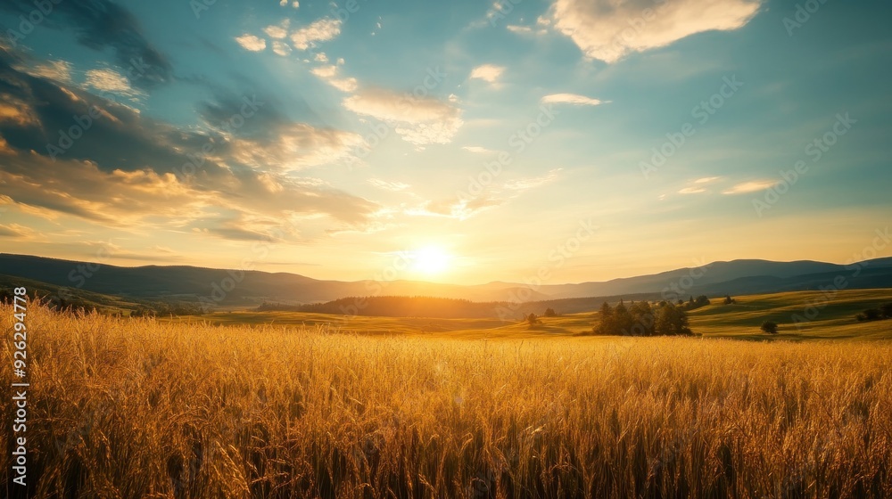 Golden Grass Field at Sunset with Mountain Silhouette and Cloudy Sky Golden Grass Field at Sunset with Mountain Silhouette and Cloudy Sky