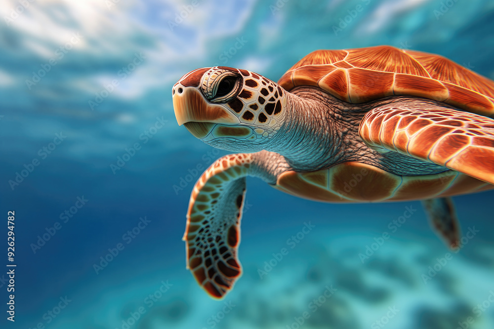 Obraz premium Majestic sea turtle gliding gracefully through crystal-clear waters, vibrant patterns of its shell reflecting sunlight, surrounded by serene underwater blues and gentle currents