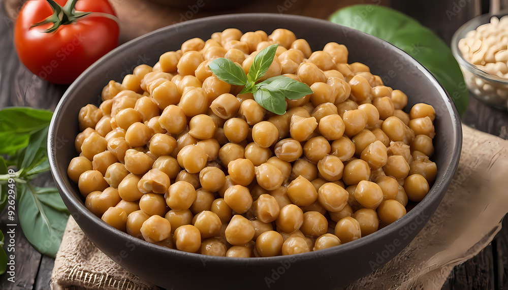 Close-up of chickpeas with tomato and basil. Close-up of chickpeas with tomato and basil.