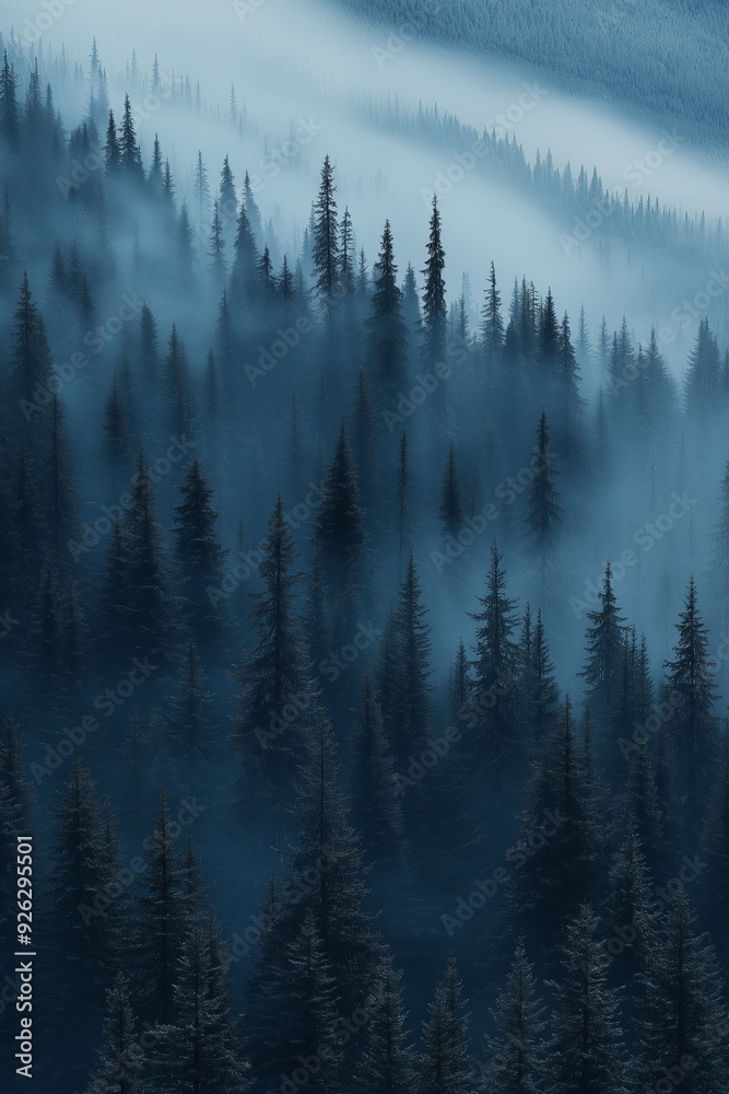Misty forest. Foggy mountains. Misty spruce landscape banner
