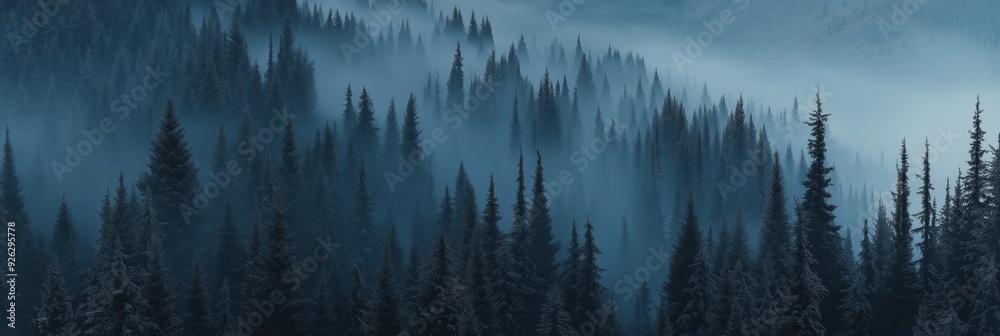 Obraz premium Misty forest. Foggy mountains. Misty spruce landscape banner