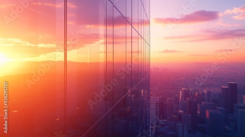 Sunset Cityscape Reflected in Glass Building