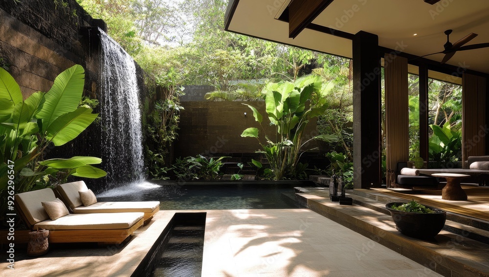 Fototapeta premium Tropical oasis with pool, waterfall, and lounge chairs.