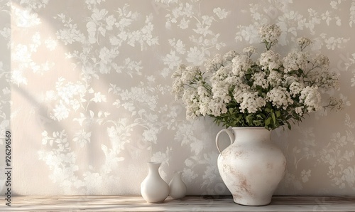 White Flowers in a Distressed Vase Against a Floral Wall