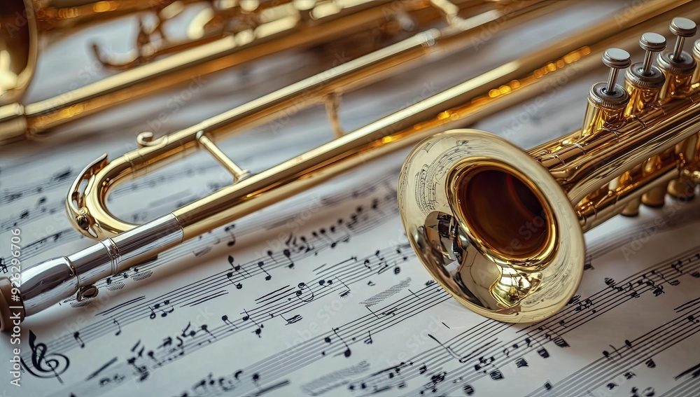 Naklejka premium Two brass instruments on sheet music.