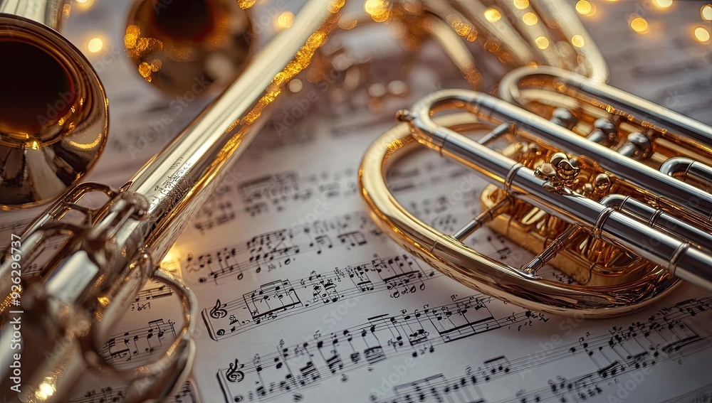 Obraz premium Brass musical instruments on sheet music.