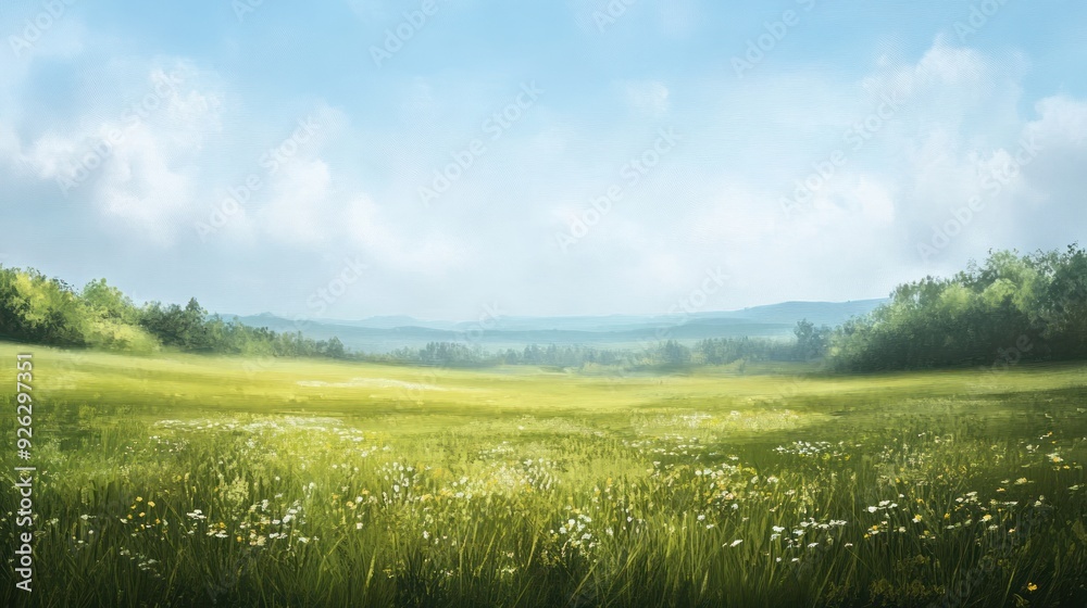 Fototapeta premium A Verdant Meadow with a Blue Sky and Distant Hills