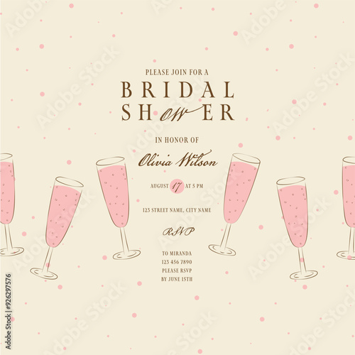 Bridal shower vintage invitation. Vector illustration. Wedding invitation with gold champagne