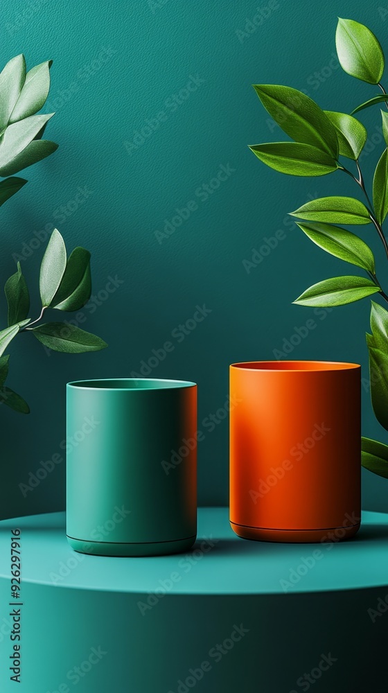 Two vases, one green and one orange Two vases, one green and one orange