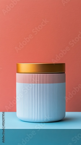 A white and pink jar with gold trim sits on a blue and pink background