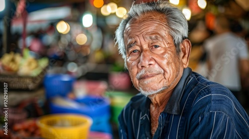 Middle-Aged Asian Street Vendor in Vibrant Bangkok Night Market Scene.