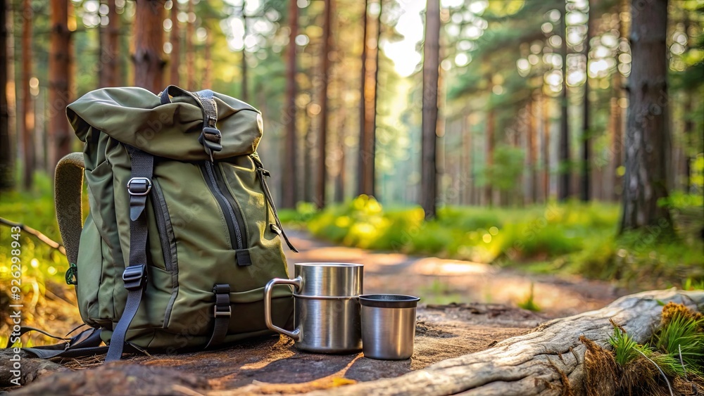 Fototapeta premium Tourist backpack, metal mug, and map in the forest, perfect essentials for a hiking adventure in the wilderness