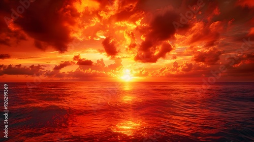 Fiery Sunset Over the Ocean With Dramatic Sky Ablaze in Reds and Oranges