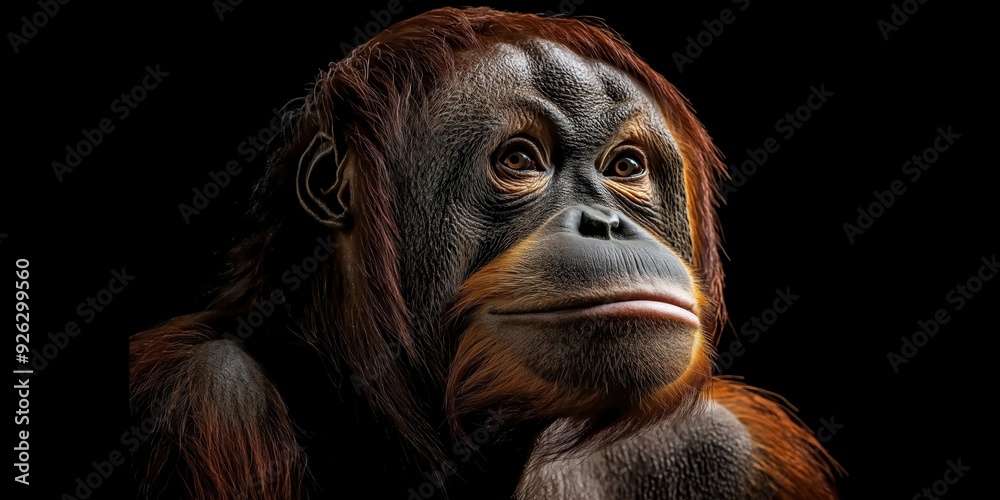 Photo of an orangutan isolated against a black background, emphasising the orangutan's majestic features. Wildlife and conservation concept, space for copy. Photo of an orangutan isolated against a black background, emphasising the orangutan's majestic features. Wildlife and conservation concept, space for copy.