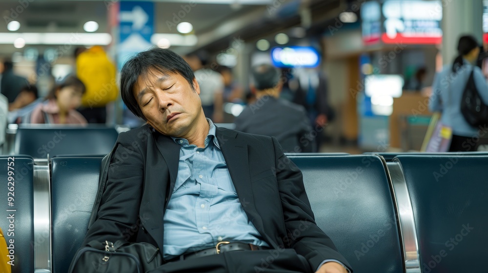 Sleep-Deprived Asian Businessman in Airport Lounge with Tired Eyes. Sleep-Deprived Asian Businessman in Airport Lounge with Tired Eyes.