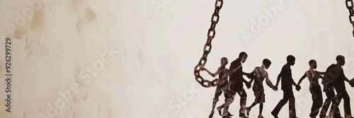 People in chains on white background. International Day for the Abolition of Slavery. Horizontal banner. Copy space. Day against trafficking in person. Black History Month. Remembrance of slave trade