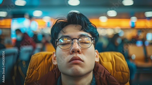 Sleep-Deprived Asian Businessman Staring Vacantly in Airport Lounge. photo