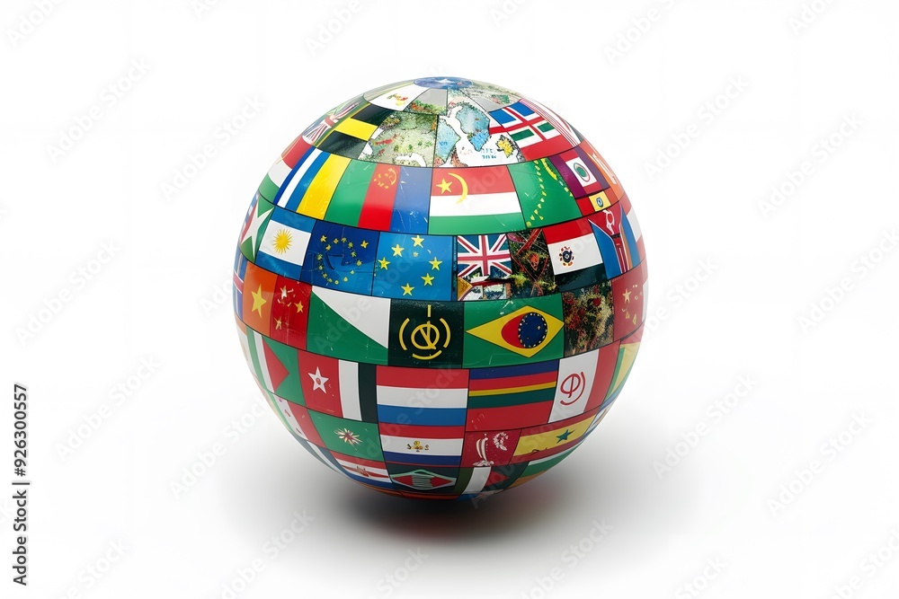 A detailed, high-definition image of a large globe covered with flags from different countries, with speech bubbles containing country and language symbols. A detailed, high-definition image of a large globe covered with flags from different countries, with speech bubbles containing country and language symbols.