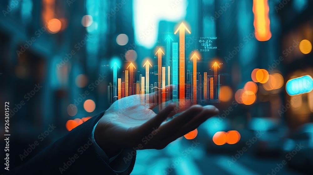 Business growth Up arrow holding in hand Business growth Up arrow holding in hand