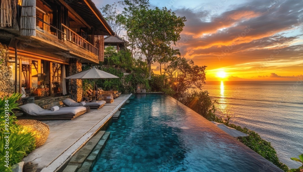 Fototapeta premium Sunset view from infinity pool overlooking ocean.