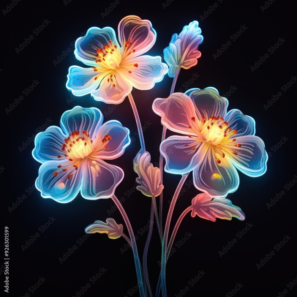 Glowing Neon Flowers on Black Background