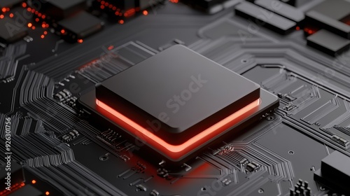 Close-up of a modern microprocessor on a circuit board, highlighted with vibrant red lights, showcasing advanced technology.