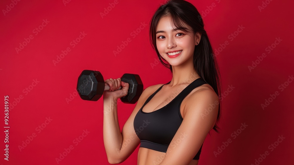 A young woman lifting a dumbbell, showcasing her strength and fitness, while smiling against a vibrant red backdrop A young woman lifting a dumbbell, showcasing her strength and fitness, while smiling against a vibrant red backdrop