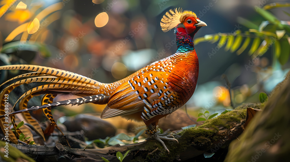 Fototapeta premium golden pheasant,Luxurious golden pheasant with an open tail.