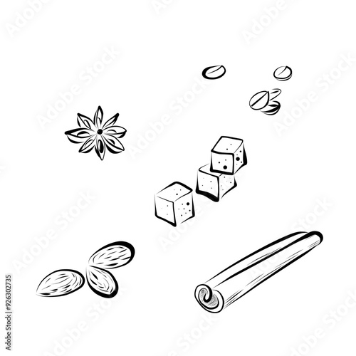 Line drawing. Line art spices for coffee, baking - cinnamon, anise, almond, sugar cubes. Vector minimalist design.