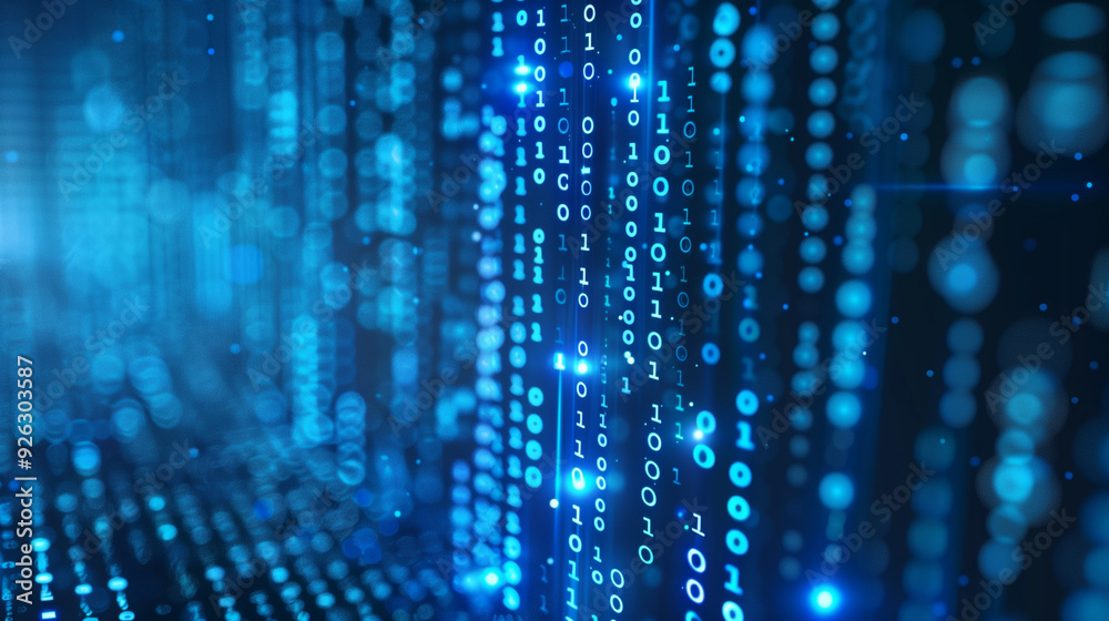 Abstract digital background featuring streaming binary code and AI algorithms, illustrating the seamless and powerful operations of modern computing technologies Abstract digital background featuring streaming binary code and AI algorithms, illustrating the seamless and powerful operations of modern computing technologies