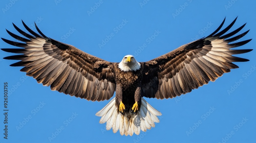 Fototapeta premium Bald Eagle Soaring with Wings Spread Against a Blue Sky