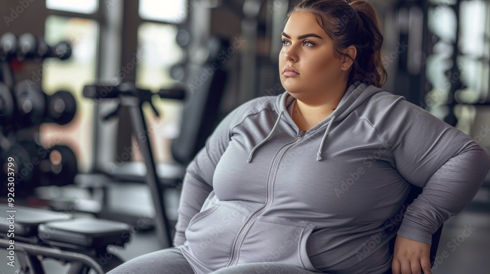 Obraz premium Portrait of a Thoughtful Overweight Woman Embracing Her Plus-Size Body in a Gym Interior
