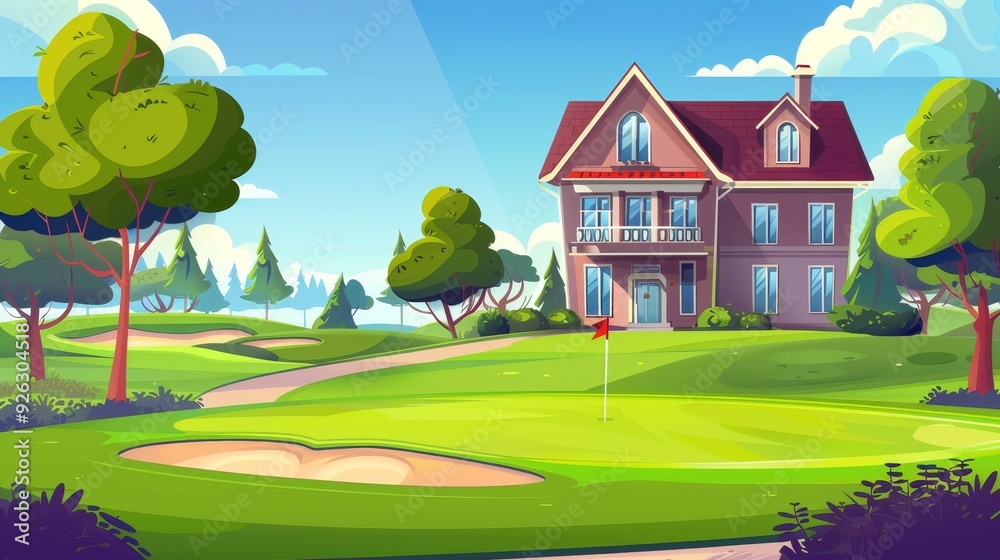 A vibrant and picturesque golf course scene featuring a beautiful house, lush greens, and a sunny sky, ideal for golfing enthusiasts. A vibrant and picturesque golf course scene featuring a beautiful house, lush greens, and a sunny sky, ideal for golfing enthusiasts.