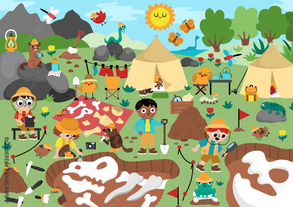 Naklejka premium Vector landscape illustration with paleontologists digging dinosaurs fossils and bones. Cute scene with prehistoric animal scientist on the dig. Dino archaeologists camp scenery with funny animals