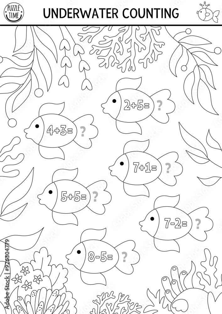 Simple match the numbers mermaid game with fish. Black and white fairytale ocean kingdom math activity or coloring page. Marine line educational counting worksheet with sea animals Simple match the numbers mermaid game with fish. Black and white fairytale ocean kingdom math activity or coloring page. Marine line educational counting worksheet with sea animals