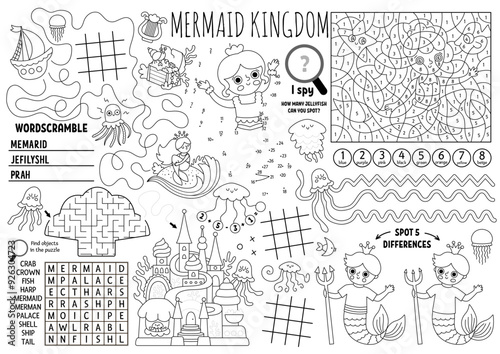Vector mermaid placemat for kids. Ocean kingdom printable activity mat with maze, tic tac toe charts, connect the dots, find difference. Underwater princess black and white play mat, coloring page