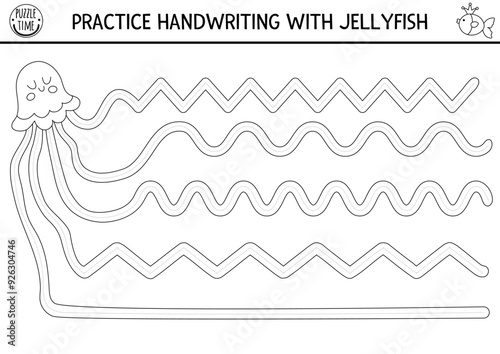 Vector handwriting practice worksheet with jellyfish and dashed line in tentacles. Ocean kingdom printable black and white activity for kids. Tracing game, coloring page for writing skills