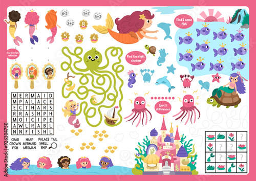 Vector mermaid placemat for children. Ocean kingdom printable activity mat with maze, word search puzzle, shadow match, find difference. Underwater play mat, menu, kids magazine spreadsheet