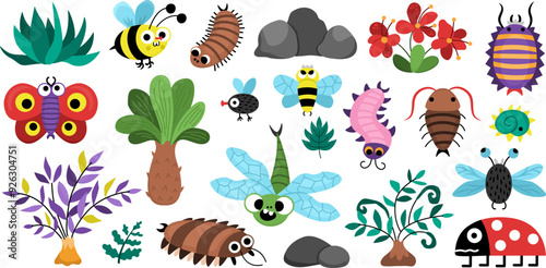 Vector ancient insects set. Cute prehistoric animal icons collection. Dinosaur period illustrations with meganeura, Arthropleura, bee, butterfly, centipede. Giant bugs and beetles elements for kids