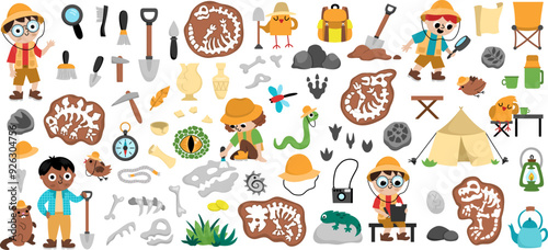 Vector paleontologist set. Cute prehistoric animal scientist icons collection. Dino researcher illustrations with fossils, bones, tools, brushes, spades, camping tent. Archaeologists elements for kids