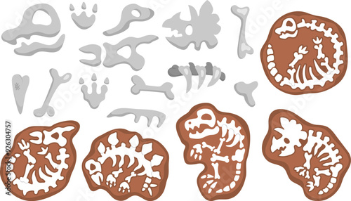 Vector dinosaur bones, skeletons and skulls set. Cute prehistoric animal fossil icons collection. Dino burial and tombs illustrations. Archaeologists or paleontologist elements for kids