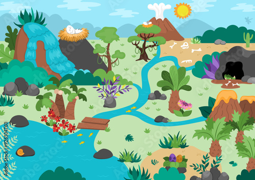Vector empty dinosaur landscape illustration. Cute prehistoric scenery with mountains, forest, ancient plants. Jurassic or Cretaceous period scene with palm trees, volcanoes. Dino picture for kids