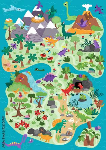 Vector ancient continent map. Dinosaur landscape illustration. Cute prehistoric scenery with mountains, forest, volcano, animals. Funny detailed island scene with paths. Dino land picture for kids