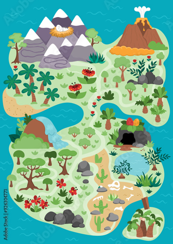 Vector empty ancient continent map. Dinosaur landscape illustration. Cute prehistoric scenery with mountains, forest, volcano. Funny detailed island scene with paths. Dino land picture for kids