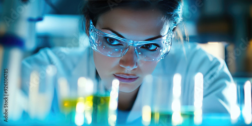 A scientist in a lab wearing glasses and gloves. Banner